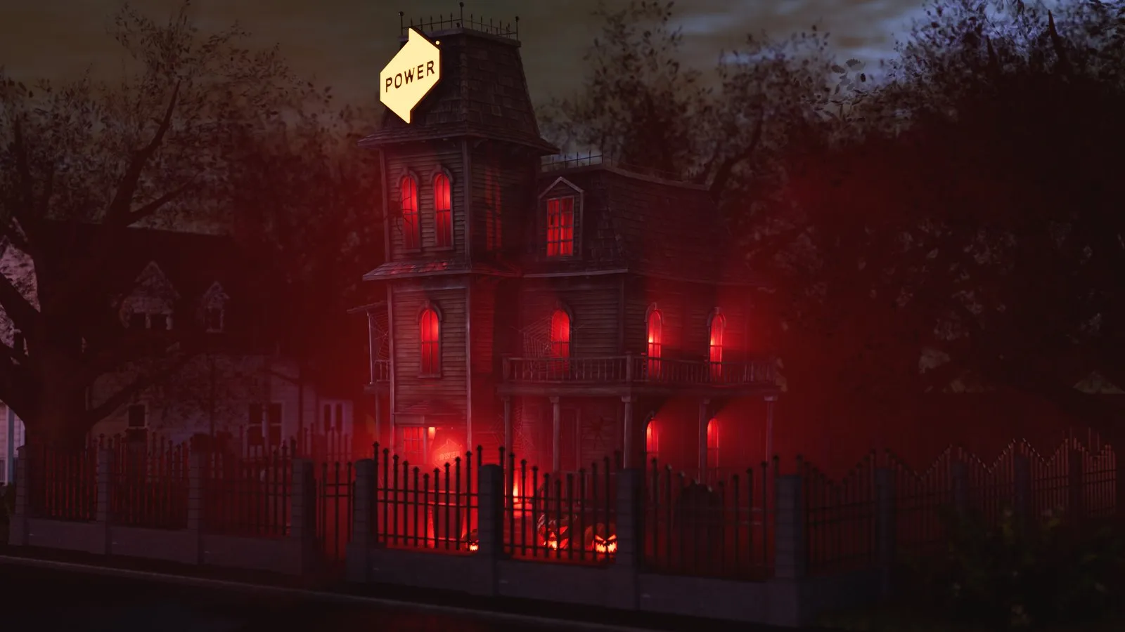 The haunted house rendered in Cinema 4D, red windows and the Power sign on the tower