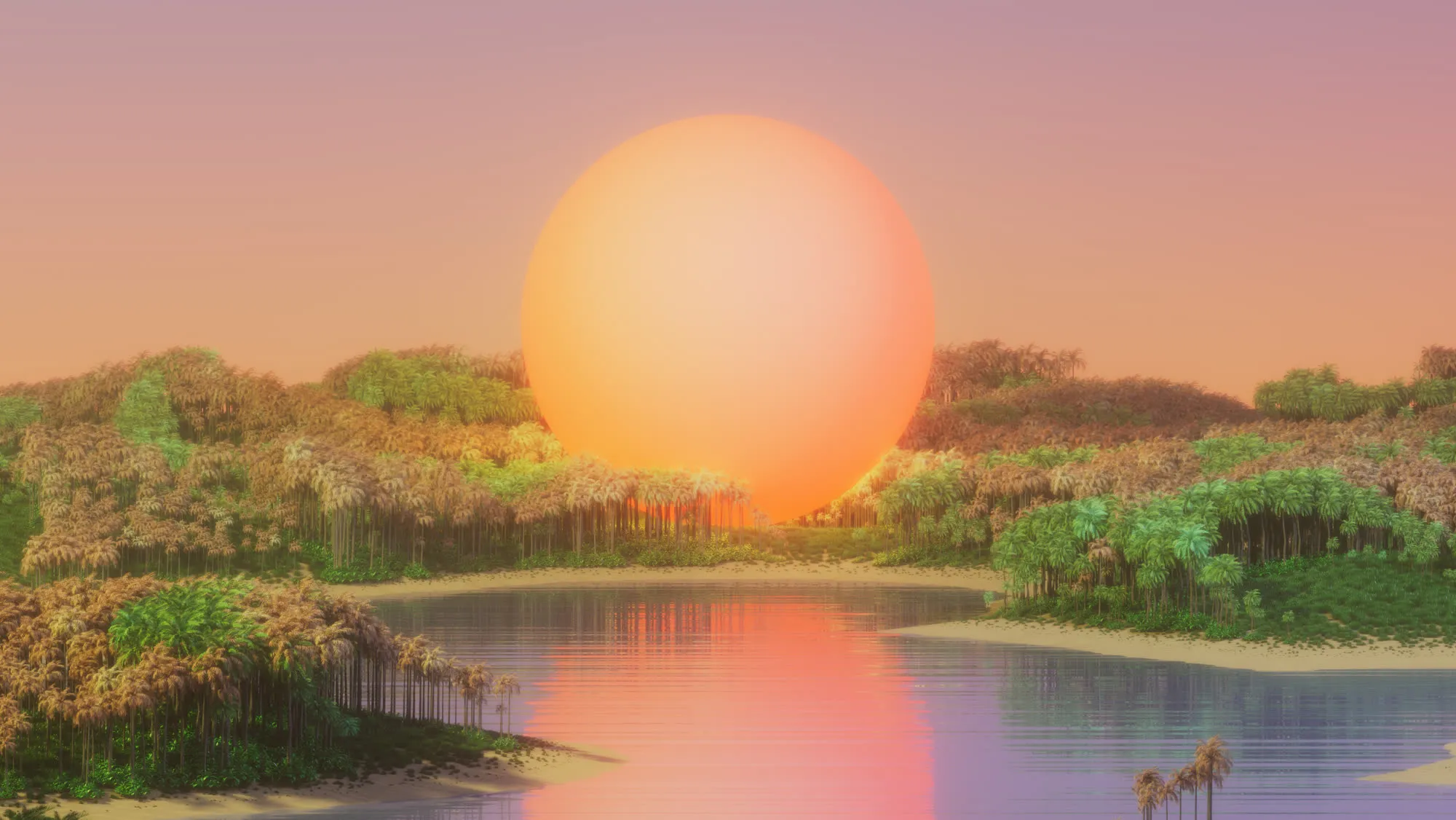 The Quest 2025 key art, a sun resting on the jungle canopy at dusk