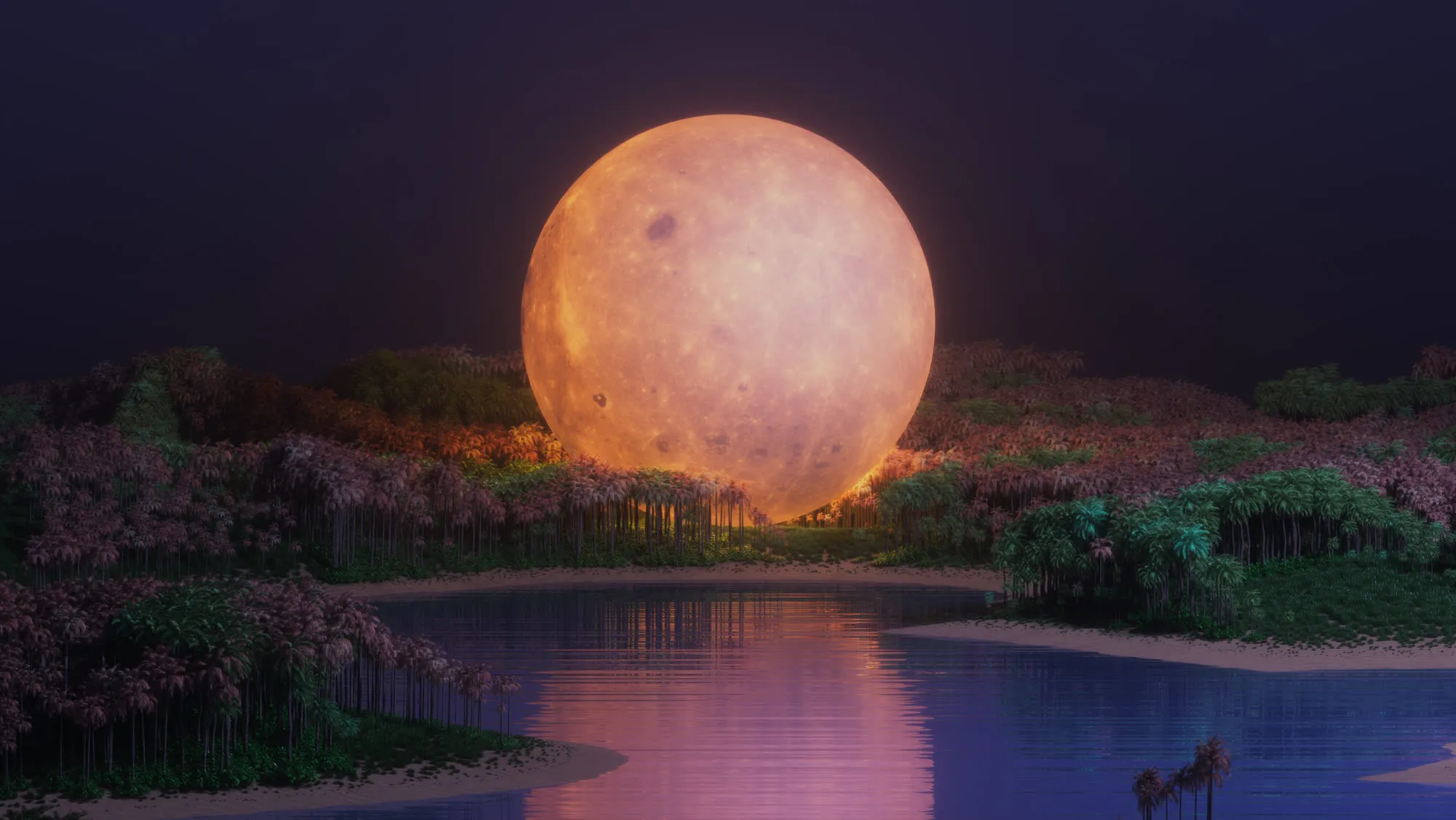 The key art at night, a cratered moon over still water