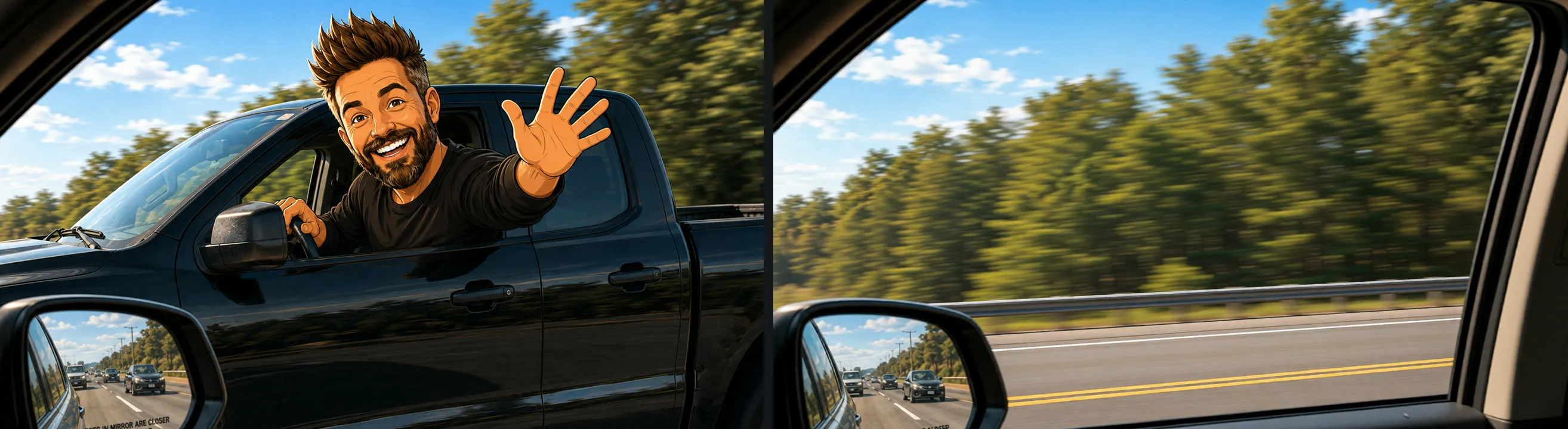 The pickup frame beside the edit, the truck and character removed to leave the window view of the treeline