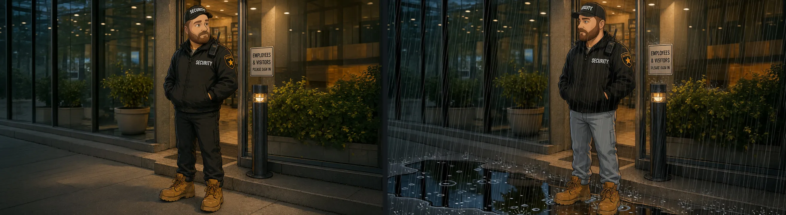 A supplied frame of the security guard beside the same frame edited to rain, puddles, grey pants and a look to the left