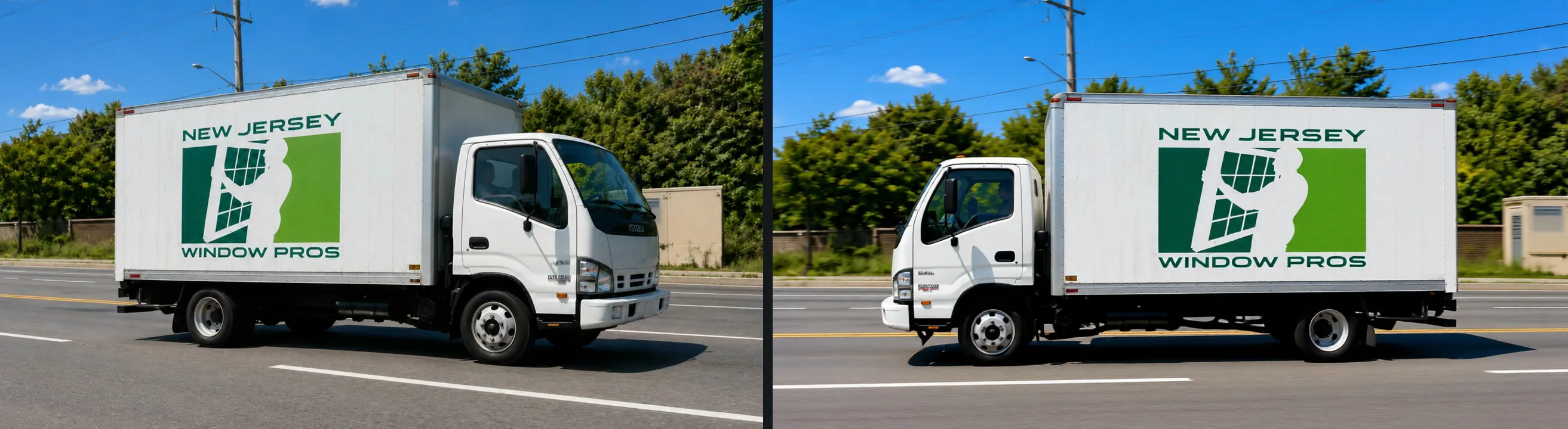 The Window Pros truck photo beside the edit, flipped to drive left with the logo still reading correctly