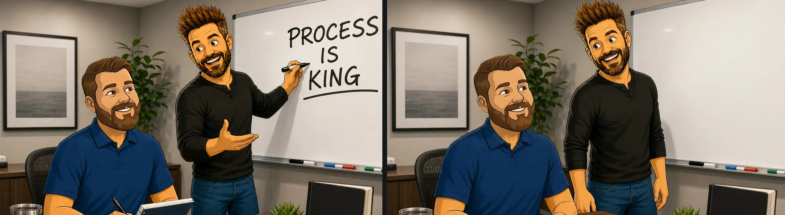 The whiteboard frame beside the edit, the text wiped and the character's arms lowered