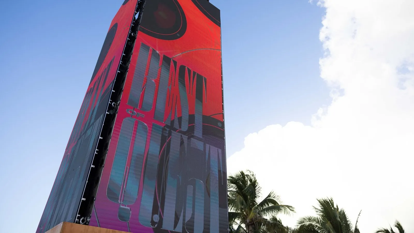 The Monolith, the forty-foot screen tower that carried the headliner videos