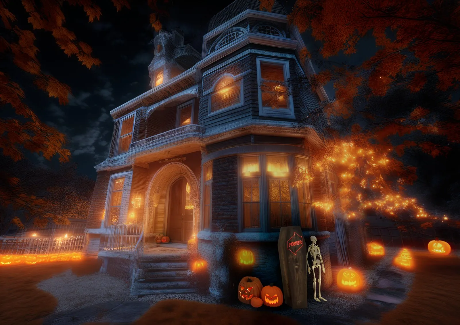 The real house made over for Halloween, jack-o'-lanterns, a coffin and a skeleton on the porch