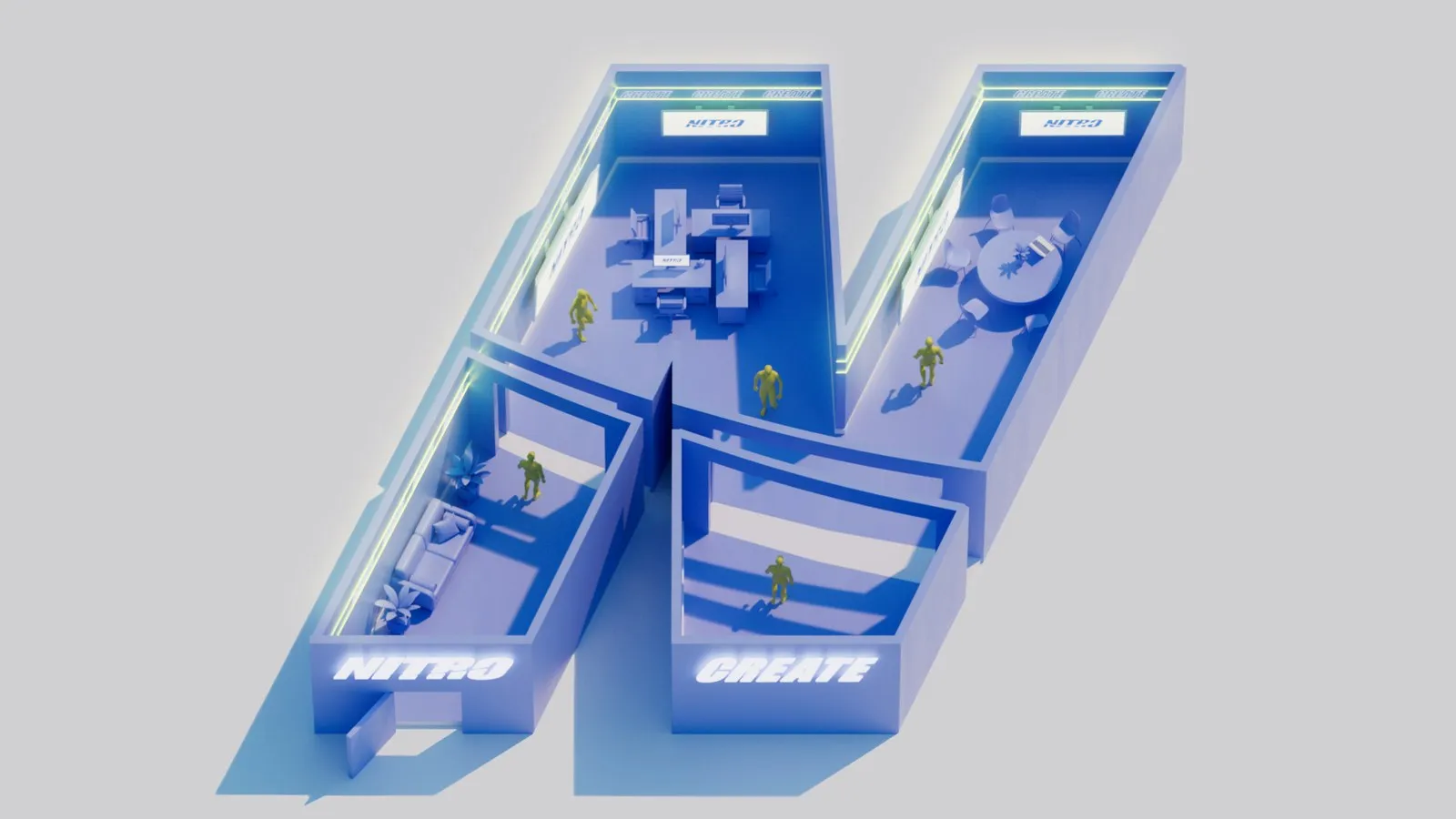Nitro Create 2025 key art, the N cut open as the office, the business technology team at their desks