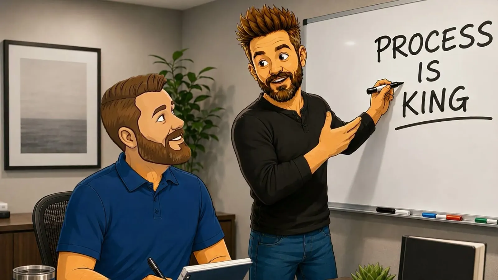 The cartoon lead character at a whiteboard that reads process is king