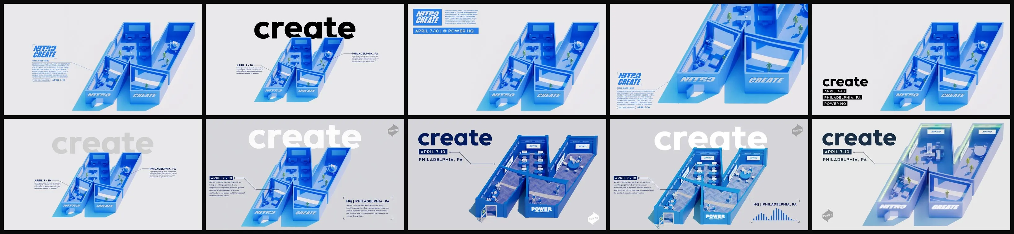 Ten layouts carrying the Nitro Create 2025 key art, the N building with the create lockup, dates and venue