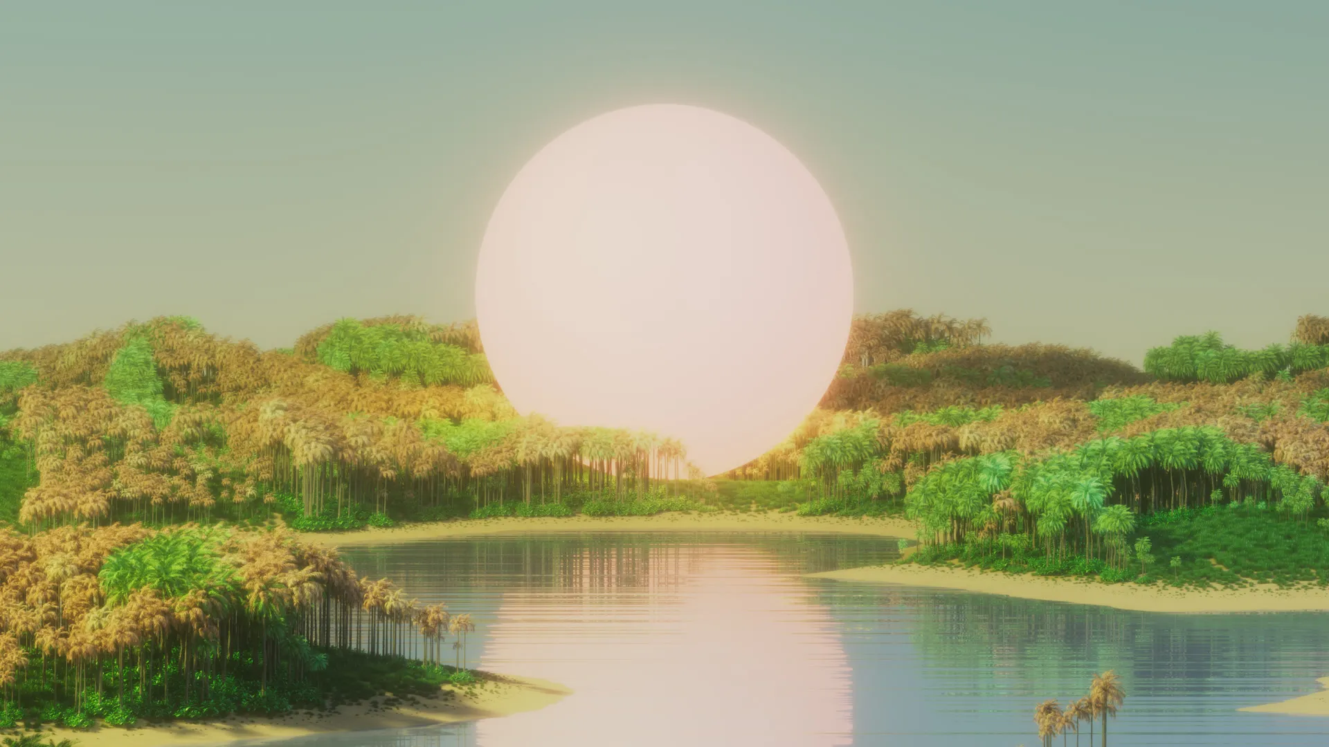 The Quest 2025 key art, a pale sun resting on the jungle canopy above the water