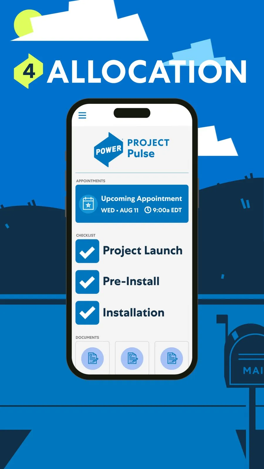 Allocation, the project on a phone, launch, pre-install and installation checked off