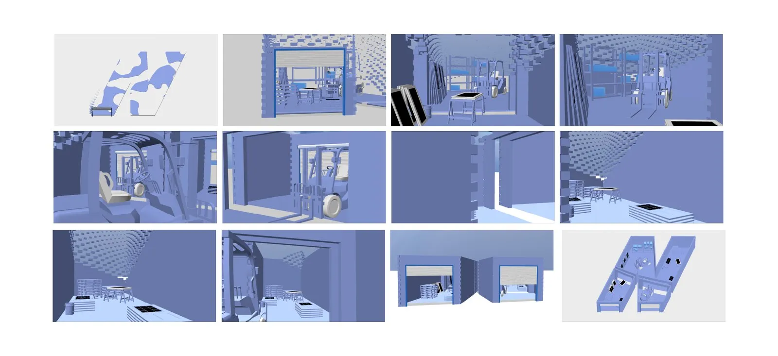 Nitro Create 2025 storyboard, the warehouse leg of the flythrough frame by frame