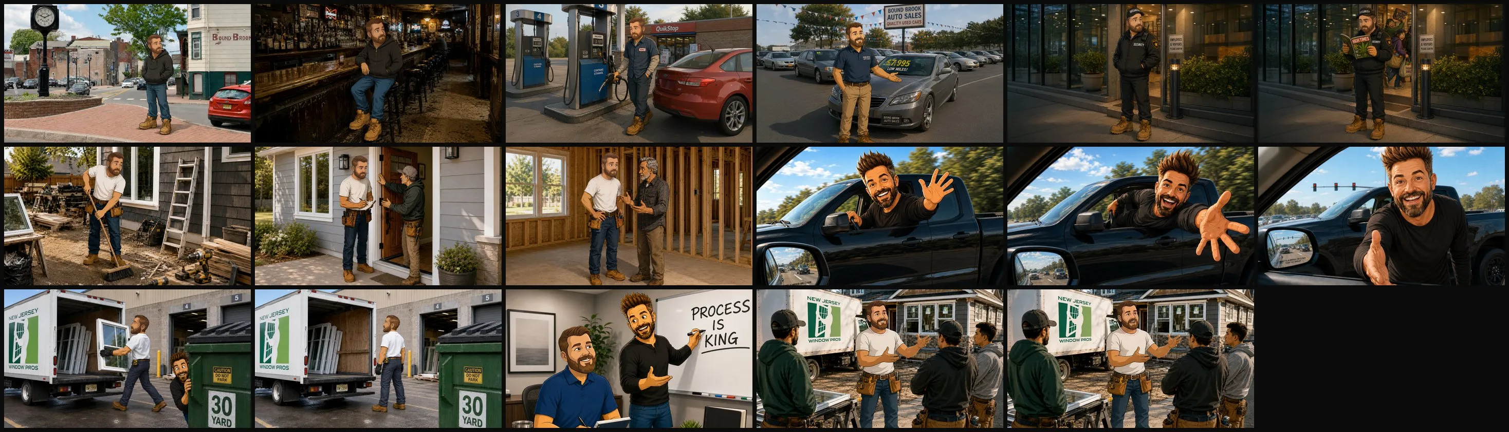 Seventeen supplied frames in story order, the cartoon character from a street corner through a bar, a gas station, a job site and a pickup truck