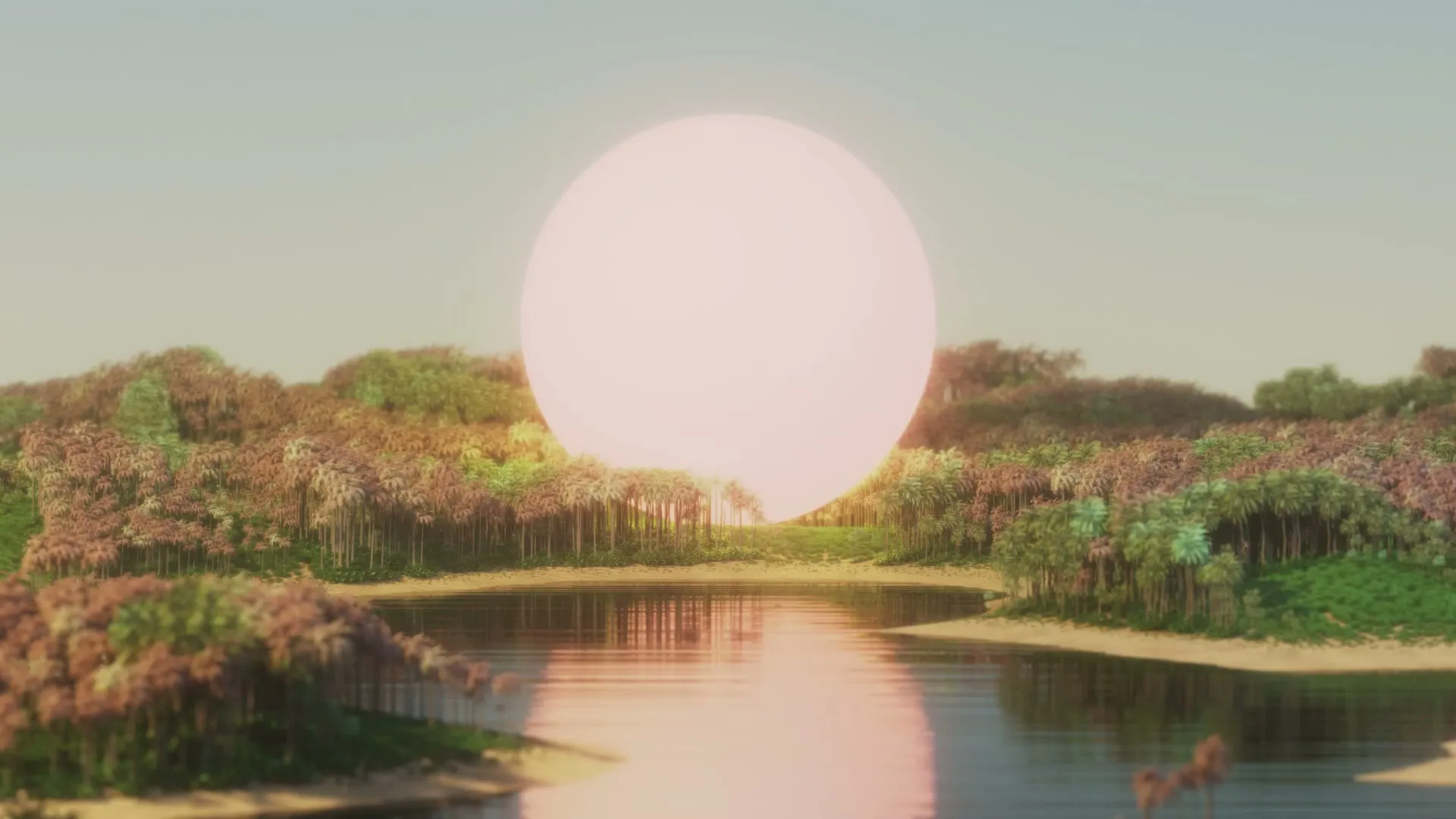 The Quest 2025 key art, a pale sun resting on the jungle canopy above the water