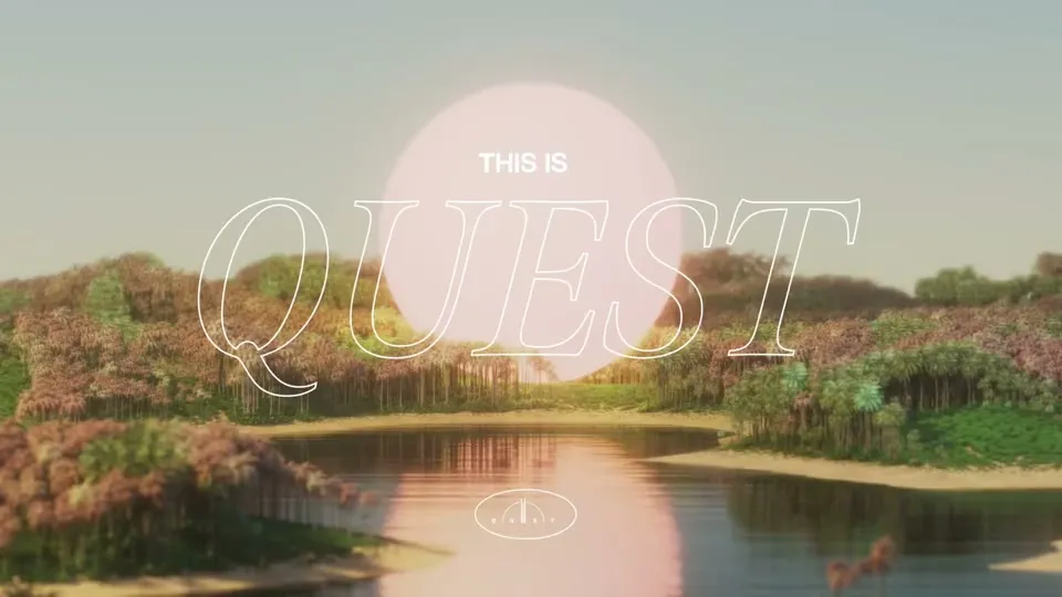 This is Quest, the title lockup over the key art, a pale sun resting on the jungle canopy above the water